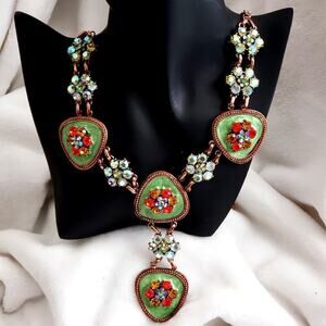 Vintage Copper Necklace & Earrings with Green Enamel and Colorful Rhinestones